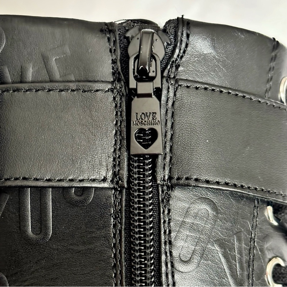 LOVE MOSCHINO Black Leather Moto Biker Boots--NEW--7 - Picture 10 of 15